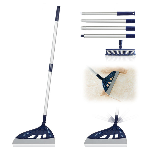 UNCLE ROCK Magic Broom with V-Shape Brush, 2 in 1 Squeegee Broom for Floor Cleaning, 60” Long Handle Silicone Broom Sets to Clean pet Hair, Ketchup, Glass Shards(Dark Blue)