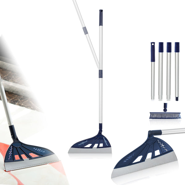 HOLDSIGN Magic Broom Household Silicone Broom, Multifunction Floor Squeegee with 2 Heads - Brush and Scrape, Magic Broom Sweeper with Extra-Long Adjustable Aluminum Handle for Floor, Glass, Tile (Ocean Blue)