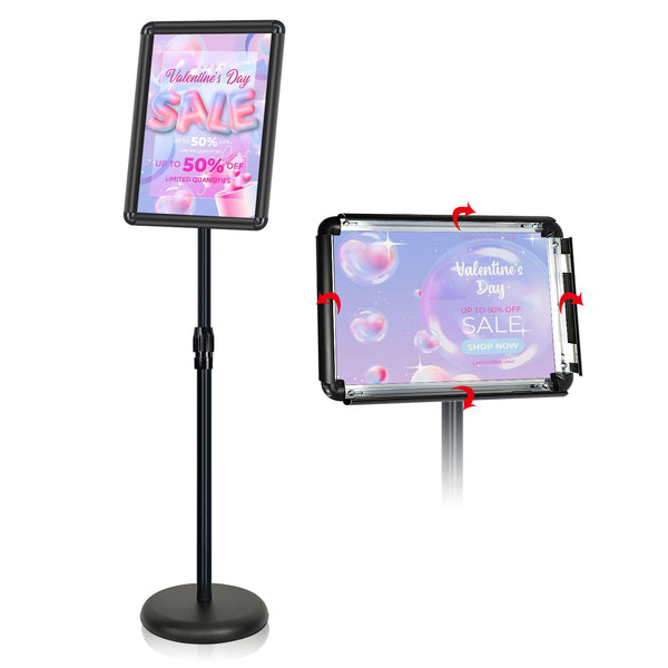 AceShow Adjustable Sign Holder Floor Stand 11x17 inches Iron Pedestal Sign Stand, Vertical and Horizontal View Sign Displayed, Round Corner sign holder for Church School Parties, Black, Round (1 Pack)