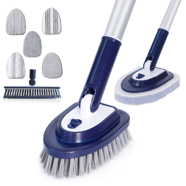BURFERLY Shower Scrubber with Long Handle for Cleaning, 4-in-1 Shower Cleaner Brush with 7 Replaceable Heads, Extendable Tub and Tile Scrubber for Cleaning Bathroom Shower Bathtub Floor (Ocean Blue)
