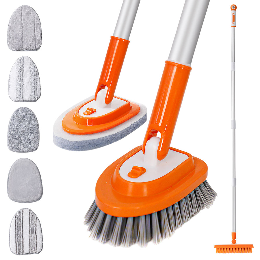 AceShow Tub Tile Scrubber with 6 Scrub Scouring Pads for Cleaning, 4 in 1 Shower Scrubber Cleaning Brush with 60" Long Handle, Shower Brush Scrubber for Bathroom Kitchen Wall Tub Tile Sink (Tropical Orange)