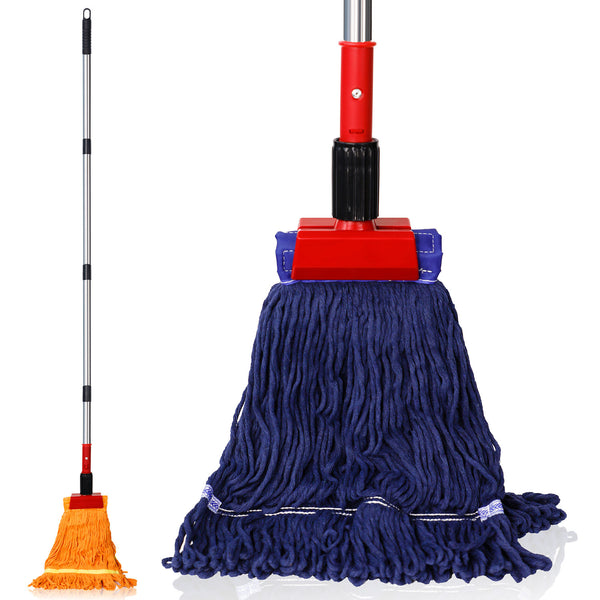 AceShow Commercial Mop Heavy Duty Industrial Mop with 77inch Long Handle, Looped-End String Wet Mop with 2 Mop Heads for Home, Garage, Office Floor Cleaning