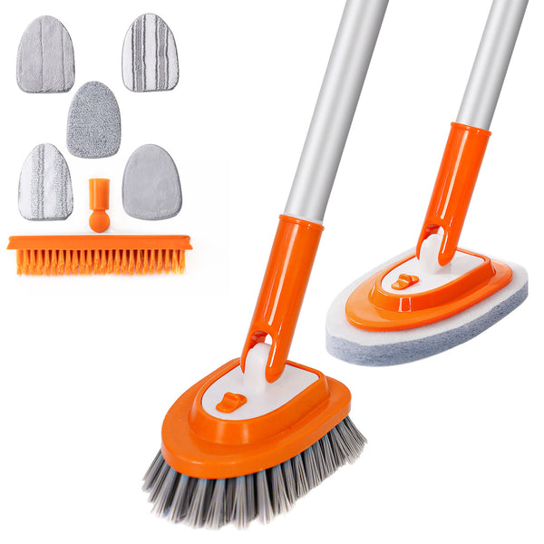 BURFERLY Shower Scrubber with Long Handle for Cleaning, 4-in-1 Shower Cleaner Brush with 7 Replaceable Heads, Extendable Tub and Tile Scrubber for Cleaning Bathroom Shower Bathtub Floor (Sun Orange)