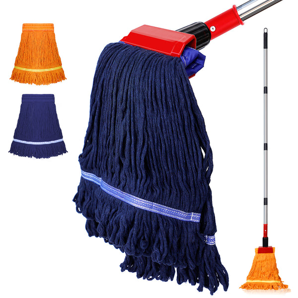 HOLDSIGN Looped-End String Wet Mop, Heavy Duty Commercial Industrial Dust Mop with 45 inch Stainless Steel Pole, 2 Replacement Floor Mop Heads for Floor, Hardwood, Laminate, Tiles Cleaning