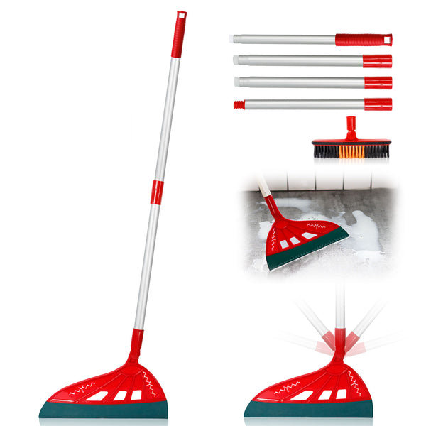 UNCLE ROCK Magic Broom with V-Shape Brush, 2 in 1 Squeegee Broom for Floor Cleaning, 60” Long Handle Silicone Broom Sets to Clean pet Hair, Ketchup, Glass Shards(Poinsettia Red)