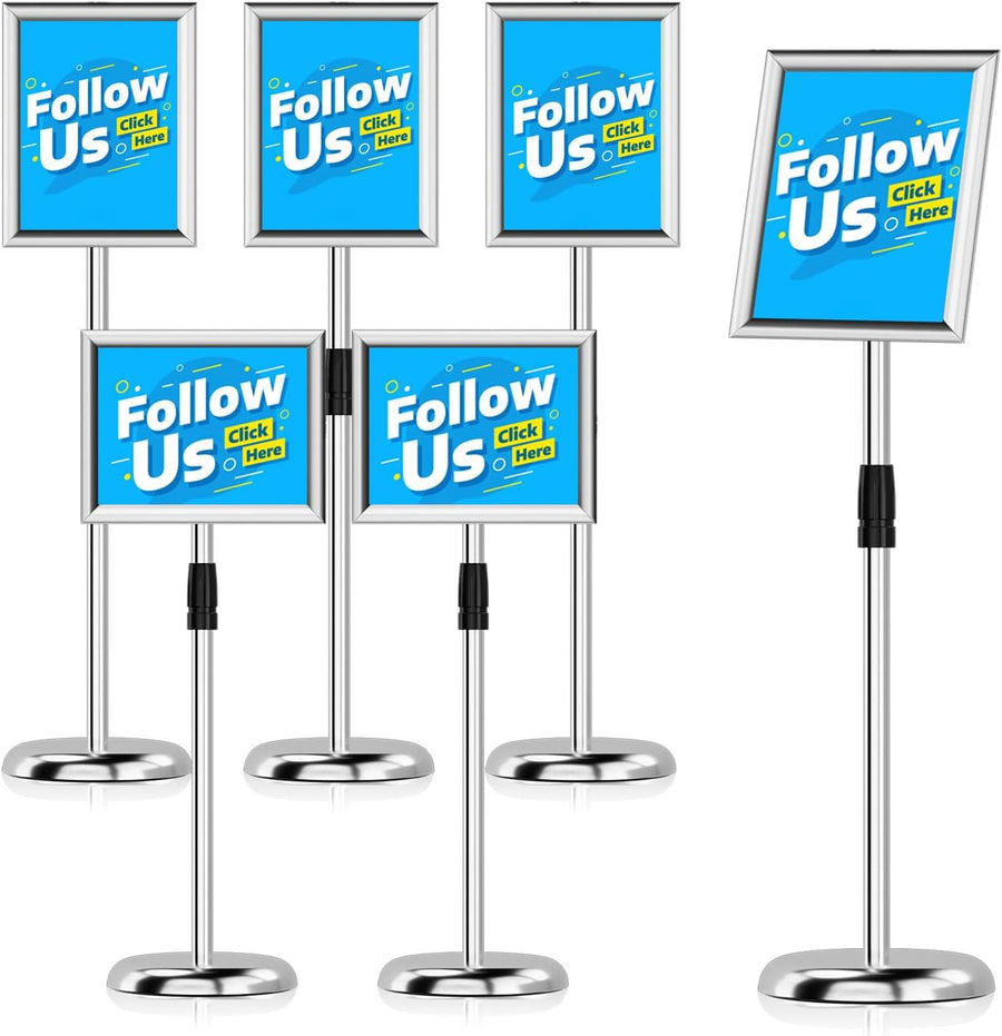 HOLDSIGN Sign Holder Stand, Adjustable Heavy Duty Pedestal Sign Holder Floor Stand 8.5" x 11, Aluminum Snap Open Frame for Vertical & Horizontal View, Silvery Square (8.5×11 inch - 6Pack)